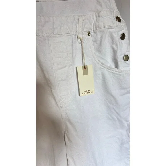 $159 NWT GOOD AMERICAN White Denim Bib Overalls Cropped Straight Leg Women 14 32